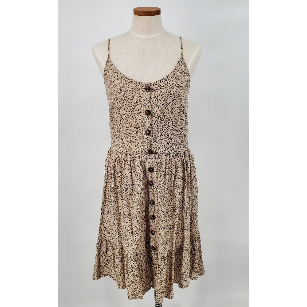 Japna Leopard Cheetah Print Button Front Smocked Back Tiered Sundress Tan Large